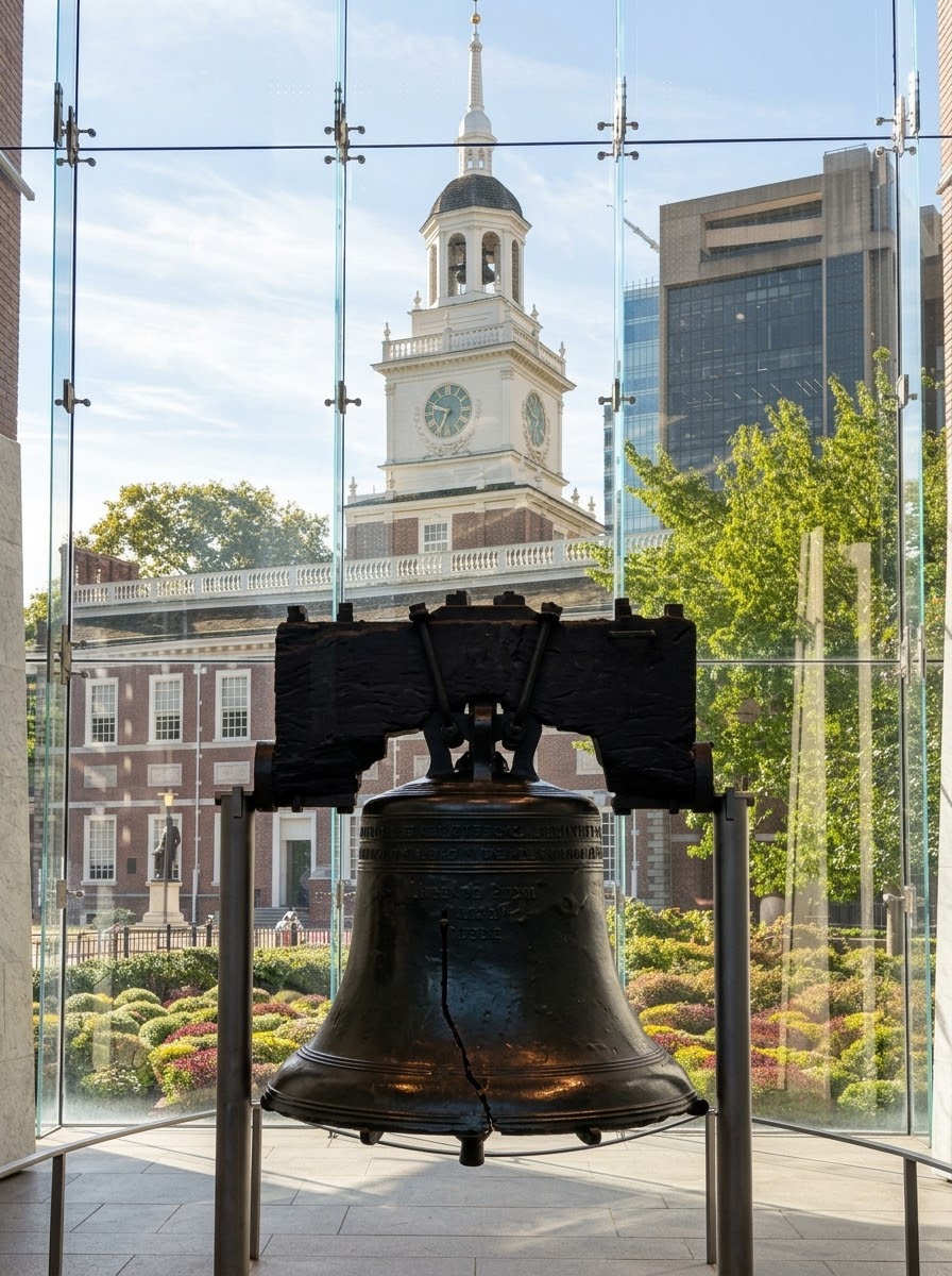 The Liberty Bell with Independence Hall behind it
